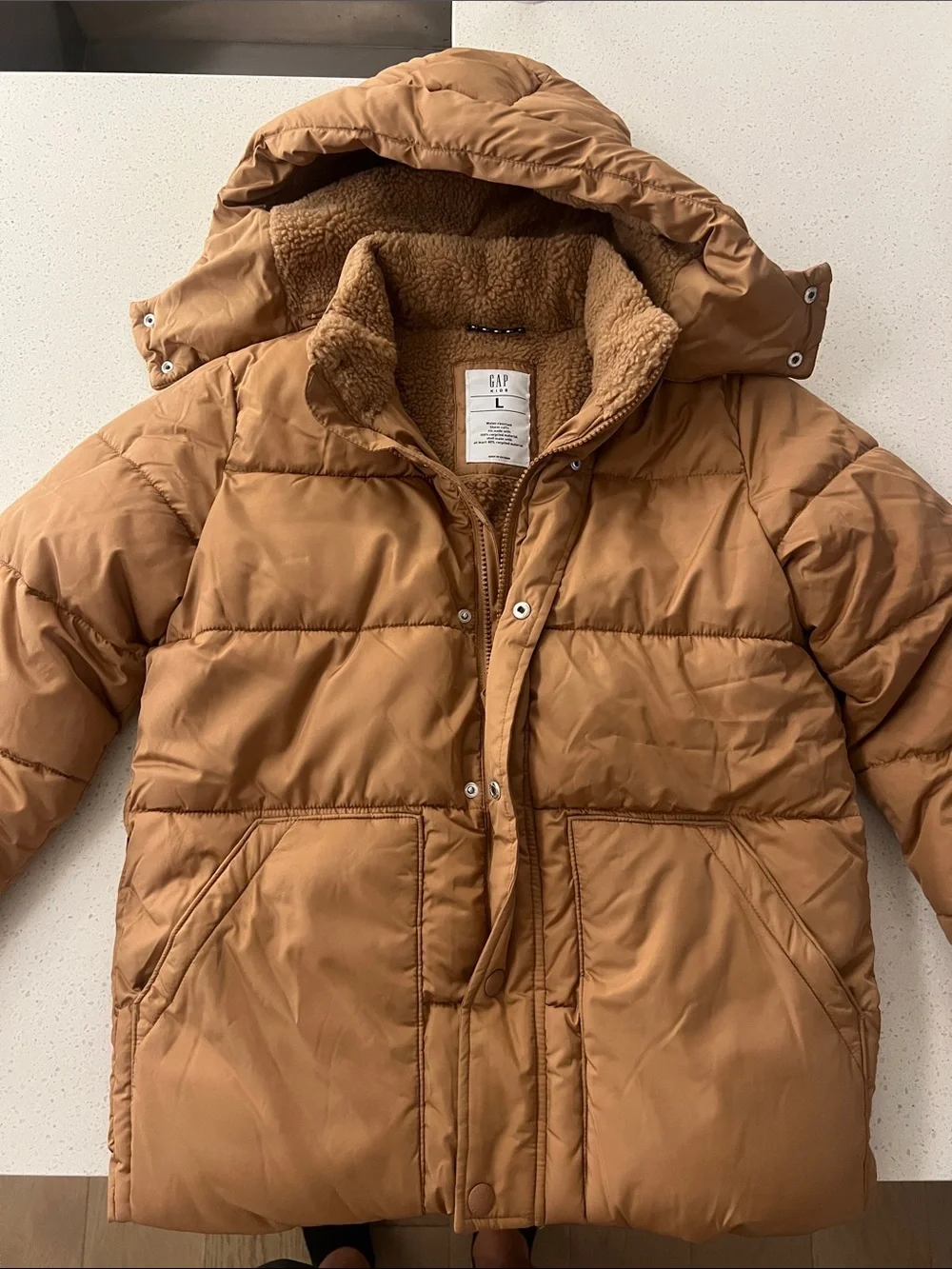 GAP Kids Tan Puffer Jacket with Sherpa-Lined Hood